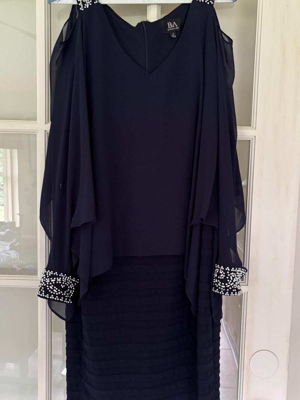 Betsy & Adam Navy Beaded Cuff Chiffon Maxi Dress